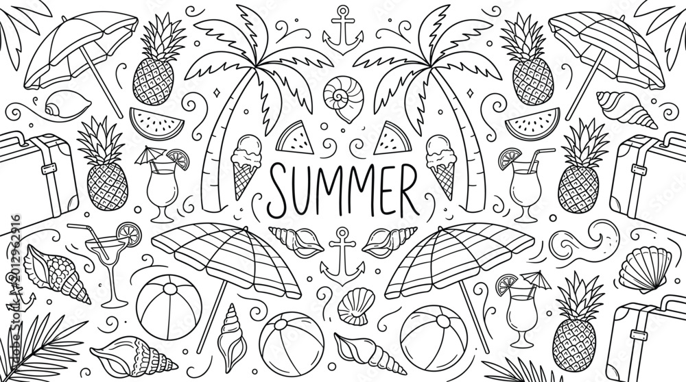 Fototapeta premium Summer Doodle Illustration Featuring Tropical Beach Elements, Palm Trees, Pineapples and Vacation Accessories in Hand Drawn Vector Style