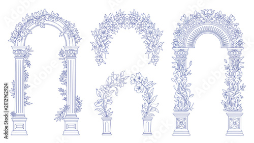 Obraz na płótnie Collection of ornate floral archways and columns blue line art on white backgrou