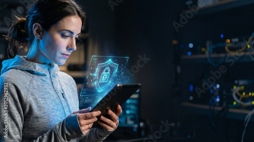 Cyber security woman with tablet and digital shield trustworthy ai framework in dark server room