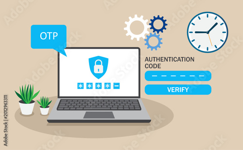 Quadro em tela Flat vector illustration of OTP authentication code verification on laptop with secure login interface, clock, and password input