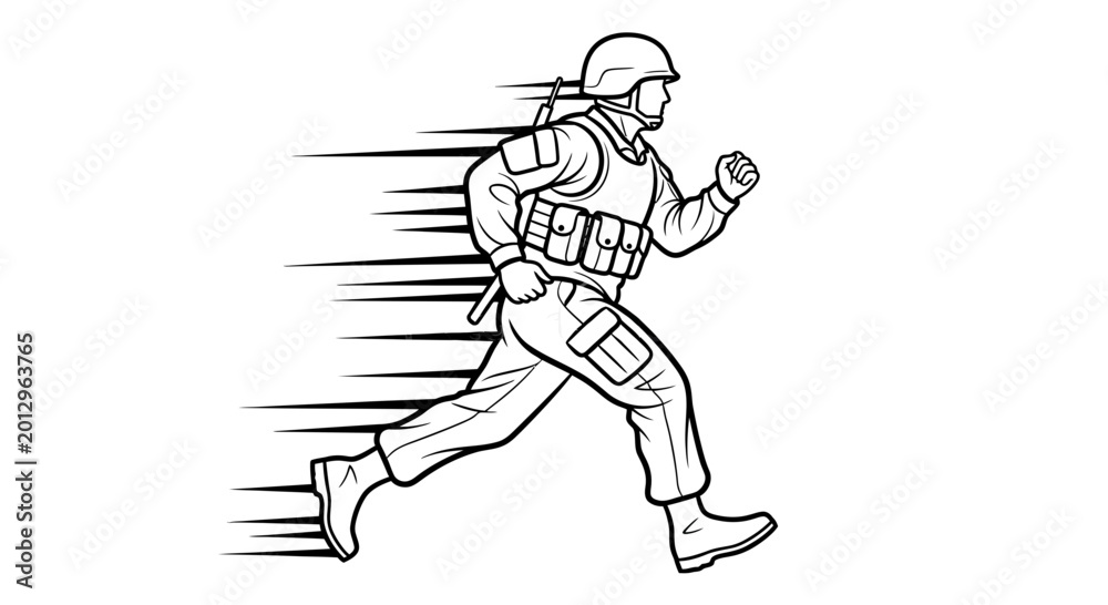 Obraz premium Soldier Running Fast, Military Action, Dynamic Speed Lines Illustration