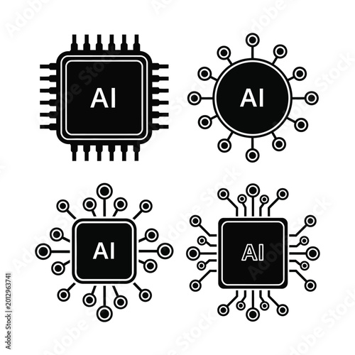 AI chip and circuit board icons set
