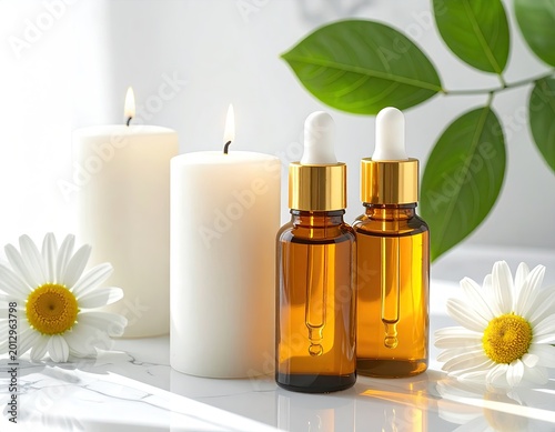 Amber glass dropper bottles flank lit candles and daisies, natural light