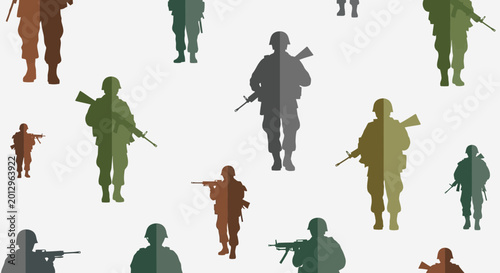Fotografie Diverse Soldier Silhouettes Pattern with Rifles, Military Camouflage