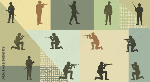 Photos Military Soldiers Silhouettes with Rifles, Abstract Geometric Background