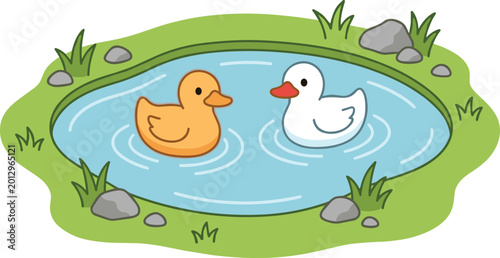 Quadro su tela Cute Duck Pond Illustration Featuring Cartoon Ducks Swimming in Small Nature Lak