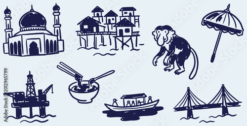 Canvas Print Collection of hand-drawn illustrations depicting various elements of Southeast Asian culture and industry