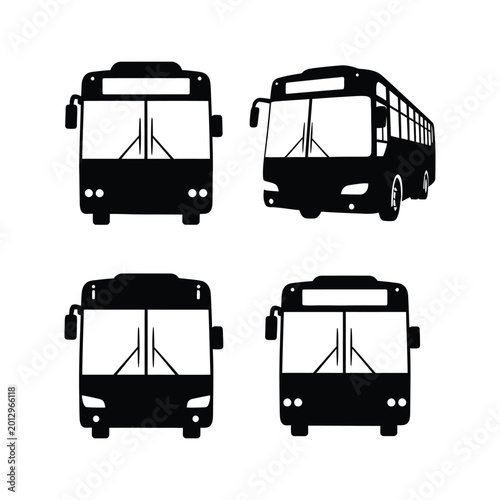 Four gray bus silhouettes on white background