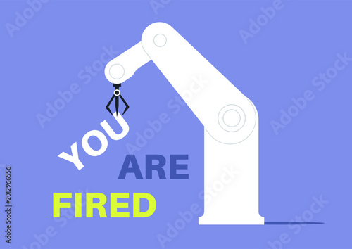 Billede på lærred A sleek robotic hand points firmly at bold letters saying you are fired, set against a bright blue backdrop, creating an atmosphere of abrupt termination in a futuristic environment