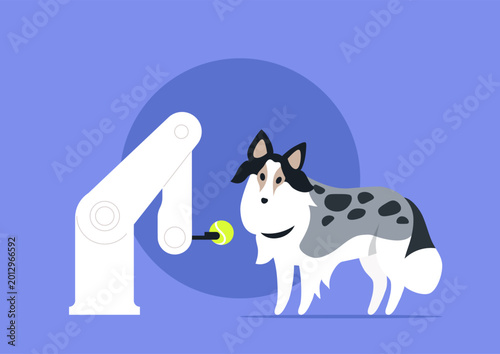 Bright and cheerful scene reveals a robotic arm designed to fetch, interacting playfully with a happy Sheltie, Modern innovation meets canine excitement in a colorful backdrop.