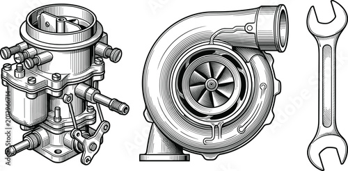 Bild auf Leinwand Automotive Engine Parts Illustration Featuring Carburetor, Turbocharger and Wren