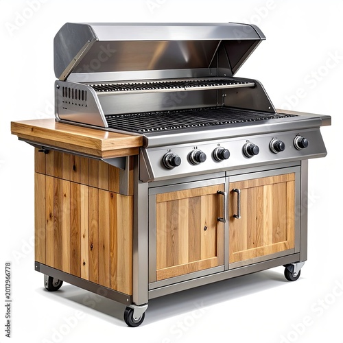 Stainless steel grill with wooden cabinet and countertop on wheels