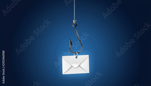 White paper envelope hanging on a sharp metal fish hook representing the danger of online phishing scams and digital fraud