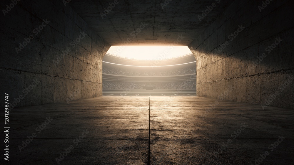 Fototapeta premium Old stadium tunnel fading into bright daylight with subtle sports hints and large open center