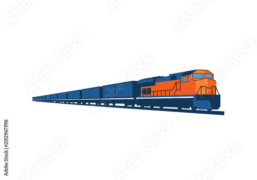 Flat vector orange and blue freight train on tracks