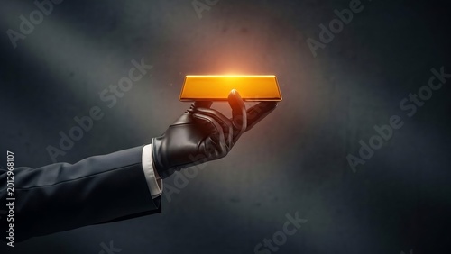 Hand in black glove holding glowing gold bar on dark background