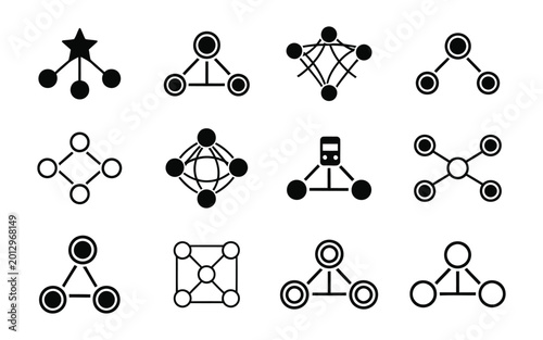 Set of gray molecular structure and network connection icons on white background