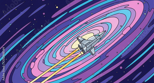 Foto Futuristic spaceship travels through colorful cosmic nebula.