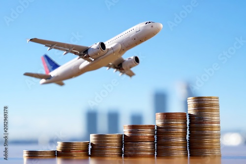 Airplane flying over rising stacks of coins with city skyline background