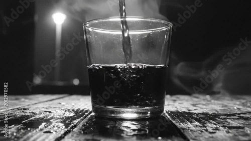 Black and white shot of dark liquid being poured into a glass on a rustic wooden surface with smoke