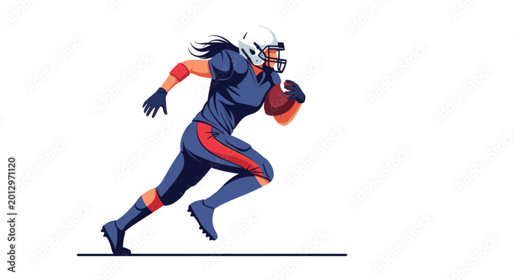 Fototapeta premium Dynamic illustration of a female american football player in a blue uniform and white helmet running fast with the ball in her hands.
