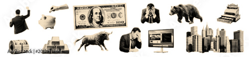 Fotografie Money halftone cut outs set. Mix media design collage elements.