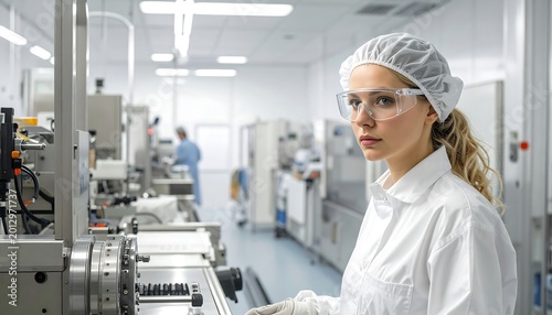 Female worker in white lab coat and hairnet standing in a cleanroom with industrial machinery ai generative