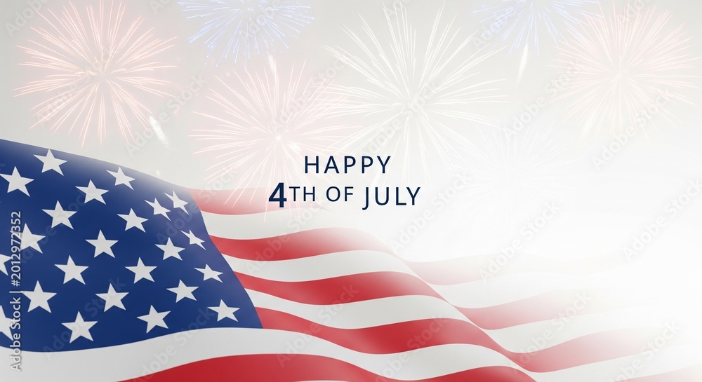 Obraz premium Waving American flag with fireworks and text 