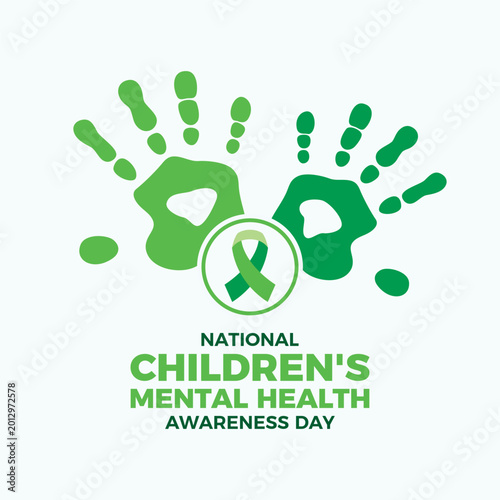 National Children's Mental Health Awareness Day poster vector illustration. Child handprint silhouette and green awareness ribbon icon vector. Template for background, banner, card. In May