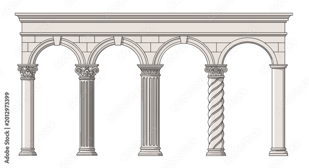 Fototapeta premium Row of five classical stone columns with different designs supporting a large horizontal architectural beam above.