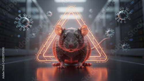 Rodent transmitting hantavirus highlighted in digital warning triangle