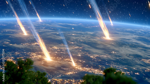 Large meteors fall through space with fiery tails over Earth at night