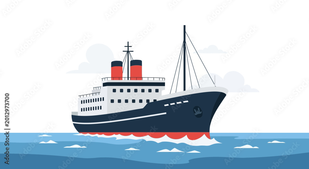 Obraz premium Vintage Cruise Ship Sailing on Blue Ocean, Retro Passenger Liner, Maritime Travel