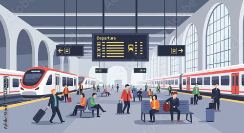 Fotografía Train Station Departure Board, Passengers Waiting, Modern Transportation Hub