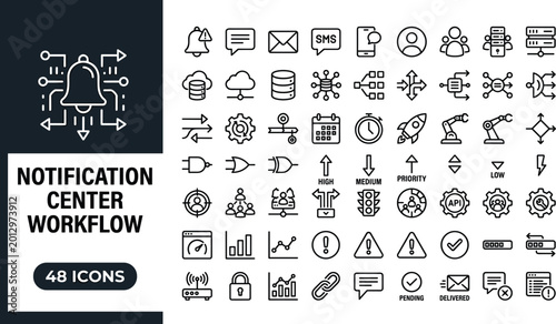 Photography Notification Center Workflow Icon Set with Alert Messages Priority Routing and C