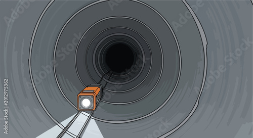 Orange device with bright light on rails explores dark, concentric industrial tunnel