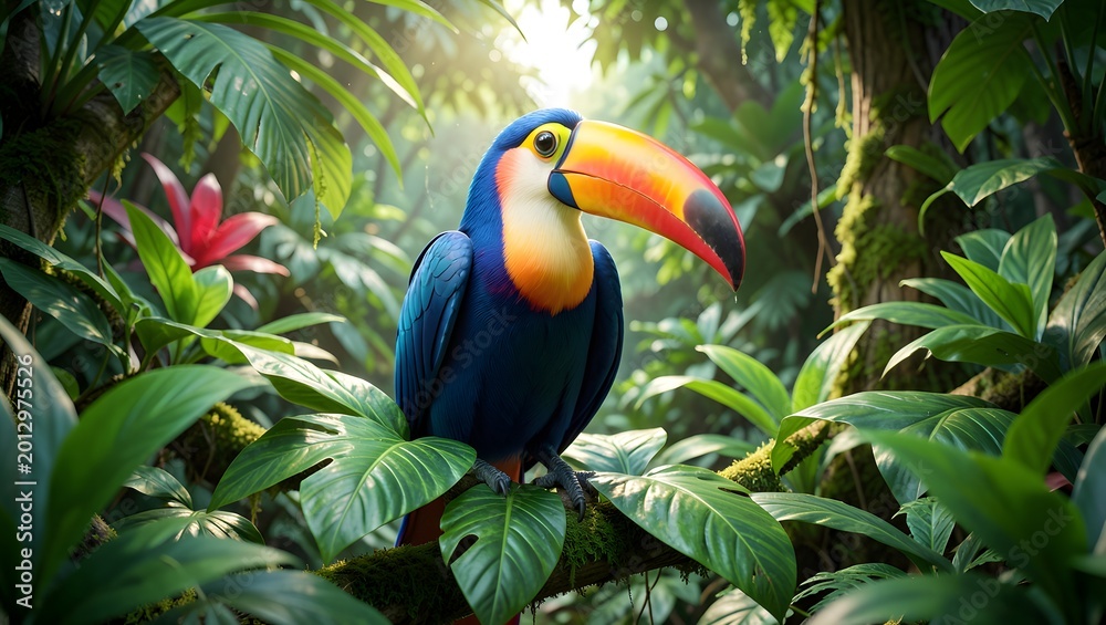Fototapeta premium Exotic Toucan Bird Perched on Branch in Tropical Rainforest
