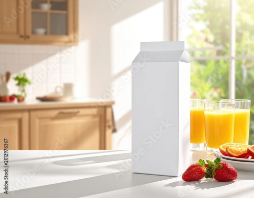 Blank white milk carton mockup on kitchen counter with orange juice and strawberries, product branding, commercial packaging design display