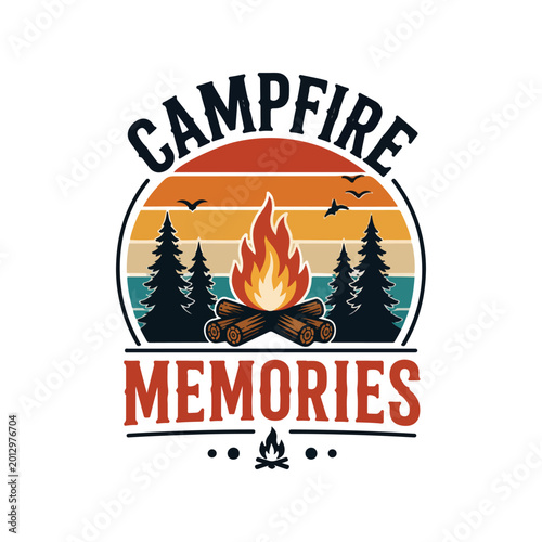 retro camping t-shirt, sunset stripes with fire icon, vintage bold typography “Campfire Memories”, solid colors
, T-shirt 