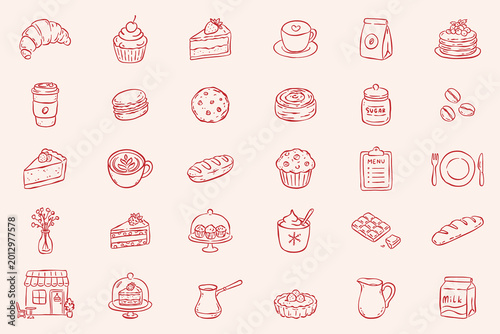Coffee shop and bakery line art icons set. Hand-drawn doodle illustrations of coffee, croissants, cakes, and sweets. Minimalist cafe branding elements and stickers on white background.