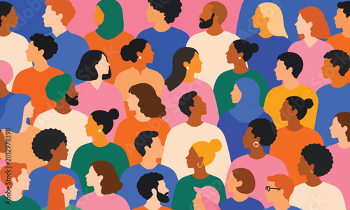 Colorful diverse people crowd abstract flat vector illustration