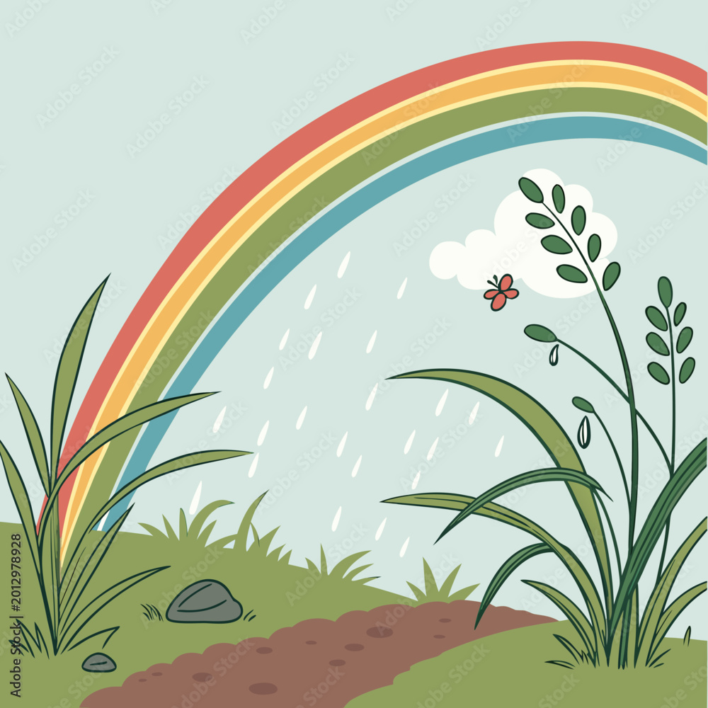Fototapeta premium Colorful cartoon illustration of a rainbow arching over lush green landscape with raindrops and butterfly digital art after rain landscape illustration butterfly colorful tranquil peaceful