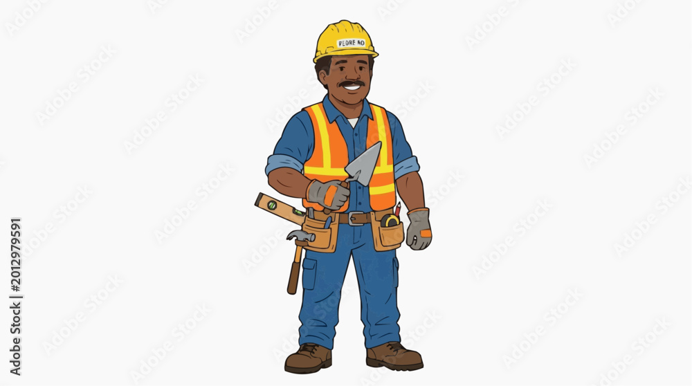 Fototapeta premium Construction worker holding trowel and spirit level ready for work tool belt