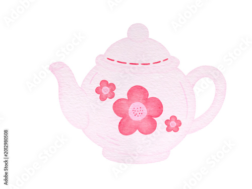 Watercolor Teapot with Pink Flowers Illustration 