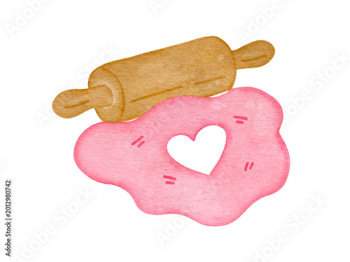 Watercolor Heart Shaped Cookie Dough With Rolling Pin Illustration