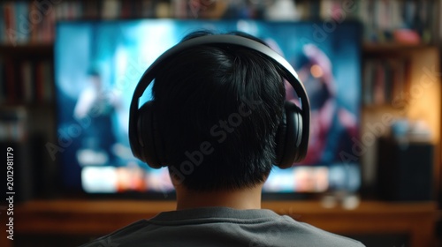 Person watching tv with headphones