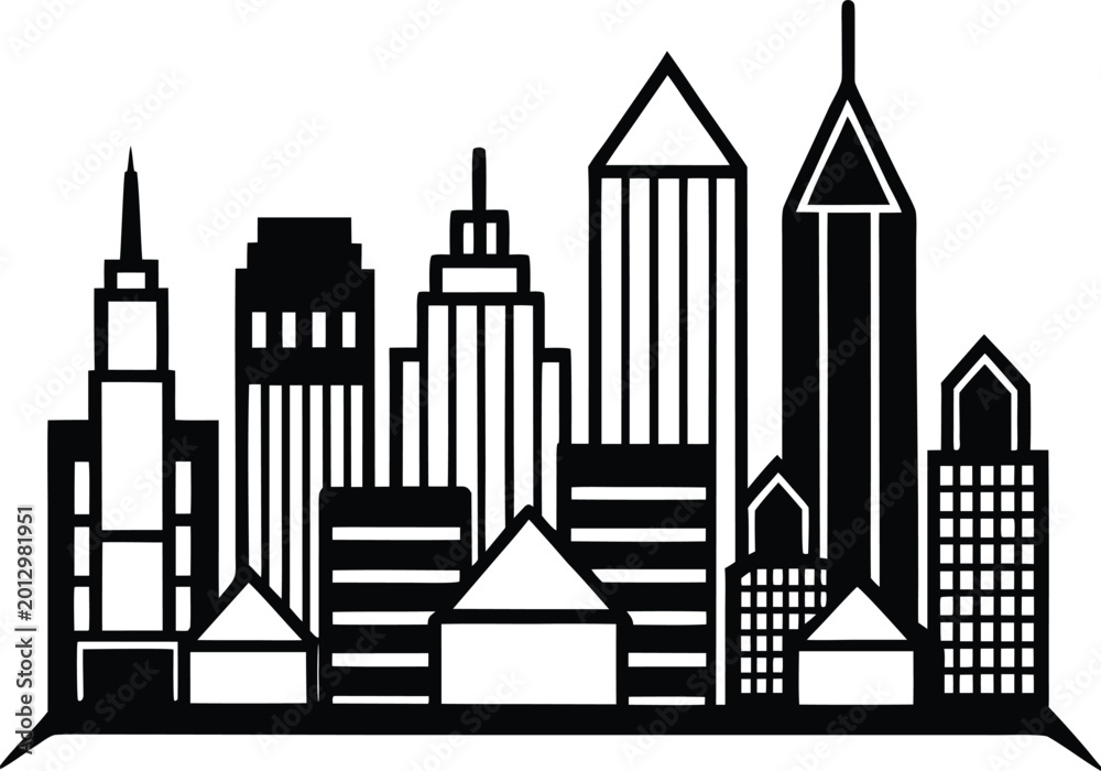 Fototapeta premium Hand-Drawn Metropolitan City Skyline - Modern Urban Skyscraper Line Art