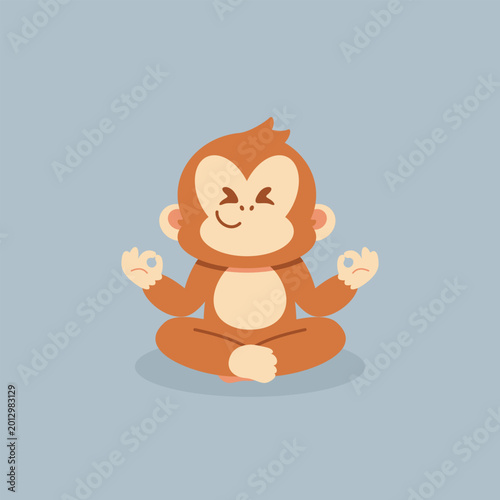 Cute cartoon monkey meditates peacefully. Eyes closed, hands form gentle mudra. Soft brown fur, light blue background. Perfect for wellness, mindfulness, or yoga content. Adorable design conveys calm