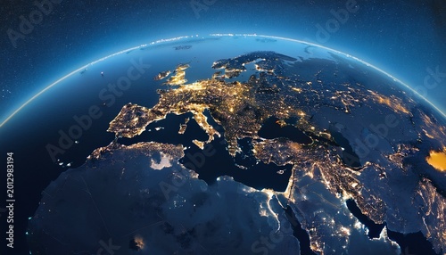 global map view at night illuminated city lights highlight europe middle east and africa creating dramatic and captivating atmosphere