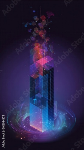 Abstract Digital Tower with Glowing Hexagons and Orbs